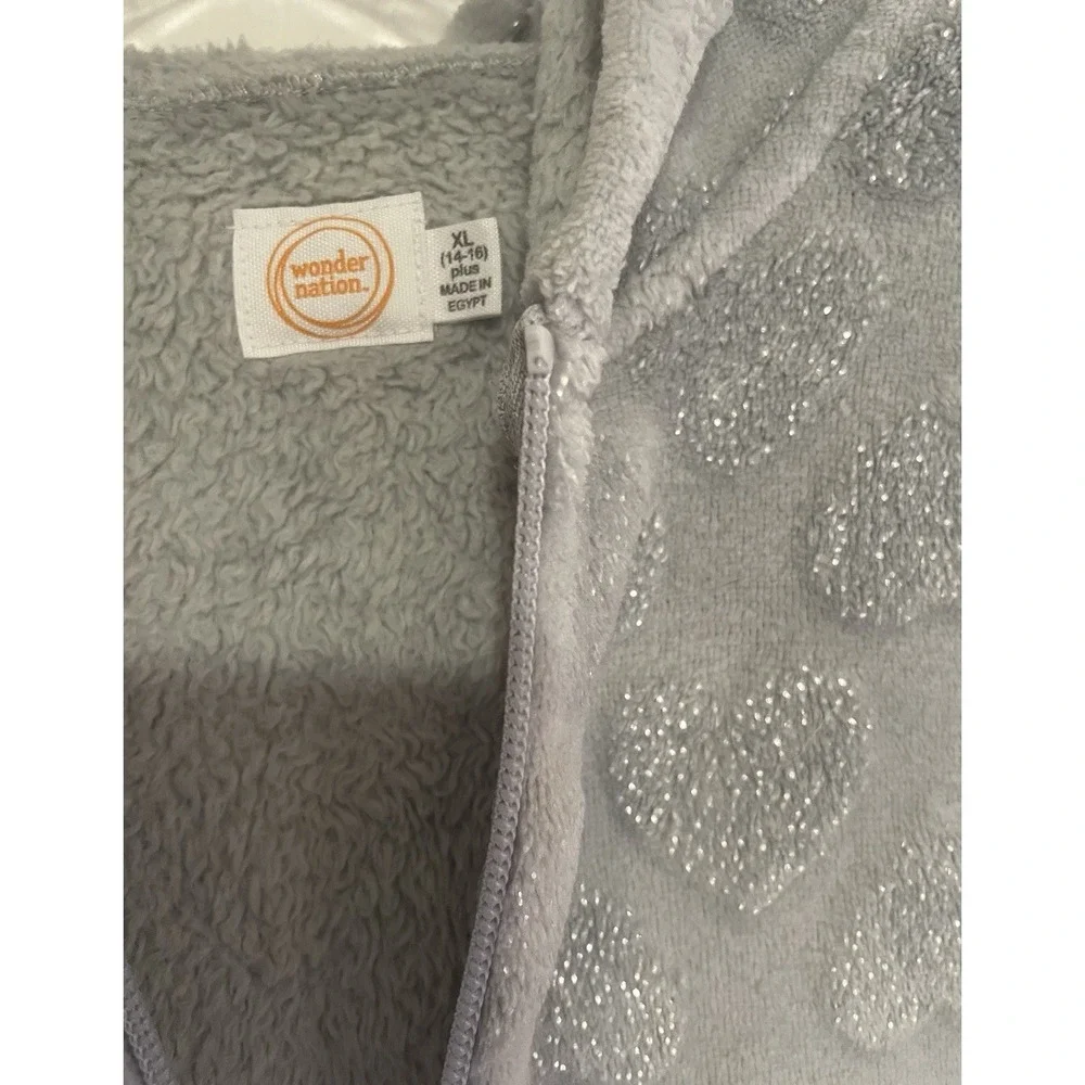Wonder nation Heart Sherpa Zip Up Hoodie Size 14/16 Extra Large‎ Gray Soft Cozy